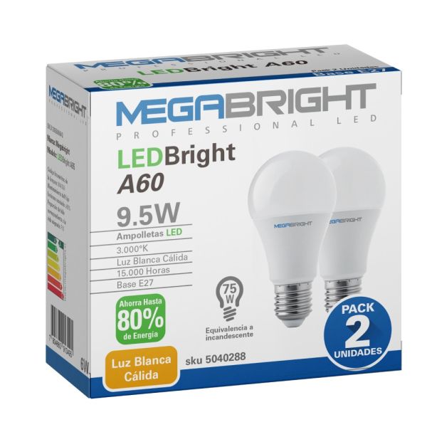 Pack X2 Amp. Led Bright A60 Bulbo 9.5w/3000k E-27 Megabright