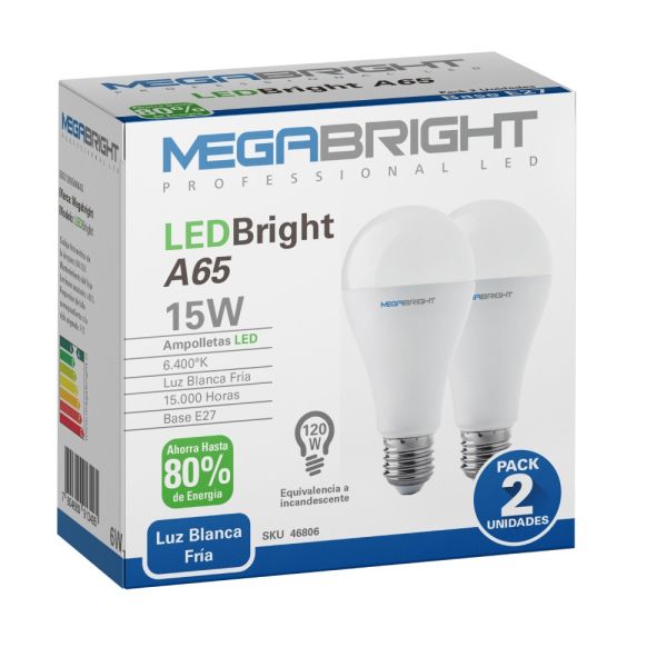 Pack X2 Amp. Led Bright A65 Bulbo 15w/6400k E-27 Megabright